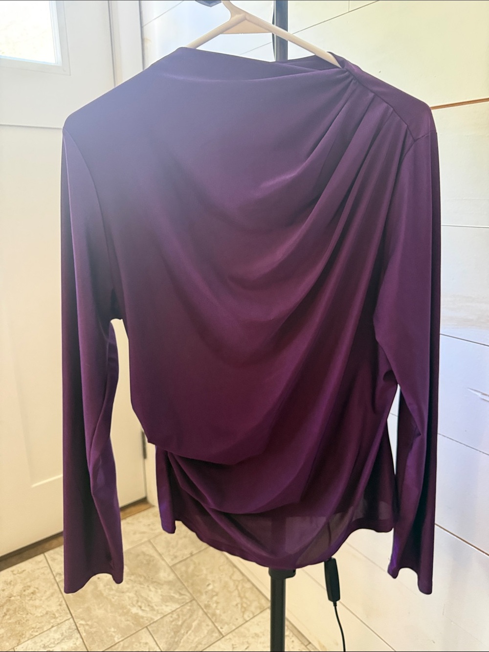 Draped Long-Sleeve Blouse — Deep Plum